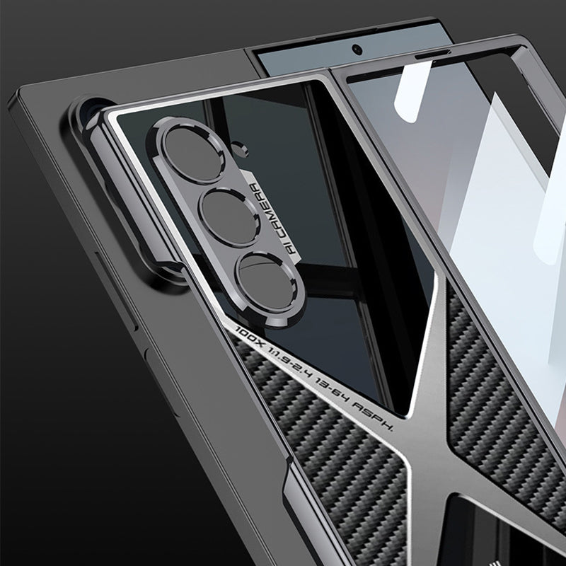 Cool Design Electroplated PU Leather Spliced Protective Shell with 9H Tempered Screen Protector for Samsung Galaxy Z Fold6/5/4/3