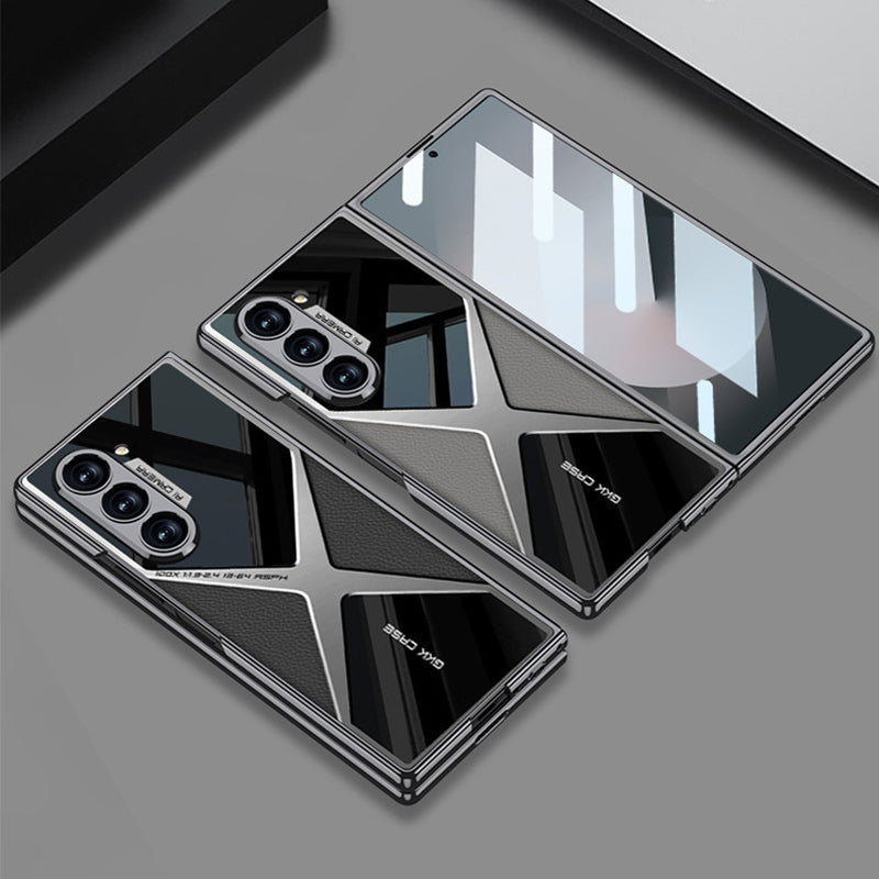 Cool Design Electroplated PU Leather Spliced Protective Shell with 9H Tempered Screen Protector for Samsung Galaxy Z Fold6/5/4/3