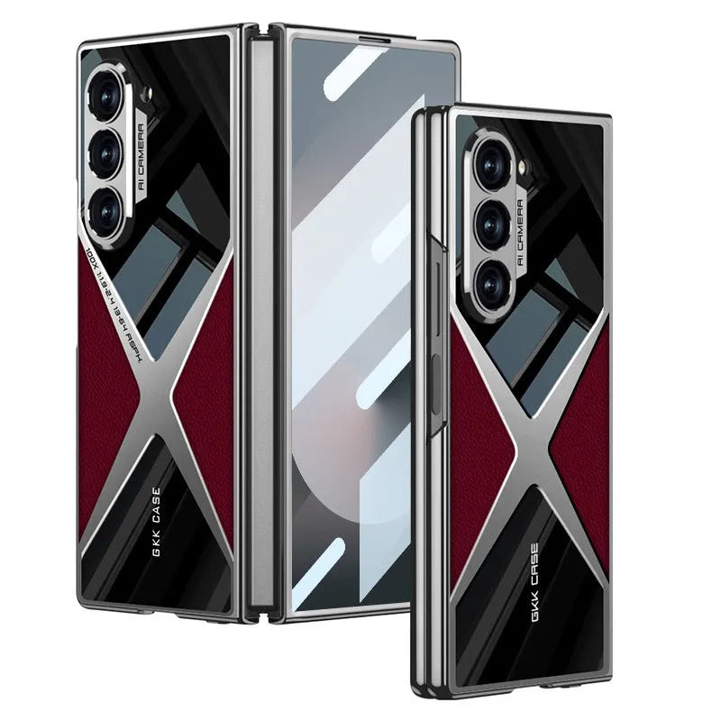 Cool Design Electroplated PU Leather Spliced Protective Shell with 9H Tempered Screen Protector for Samsung Galaxy Z Fold6/5/4/3