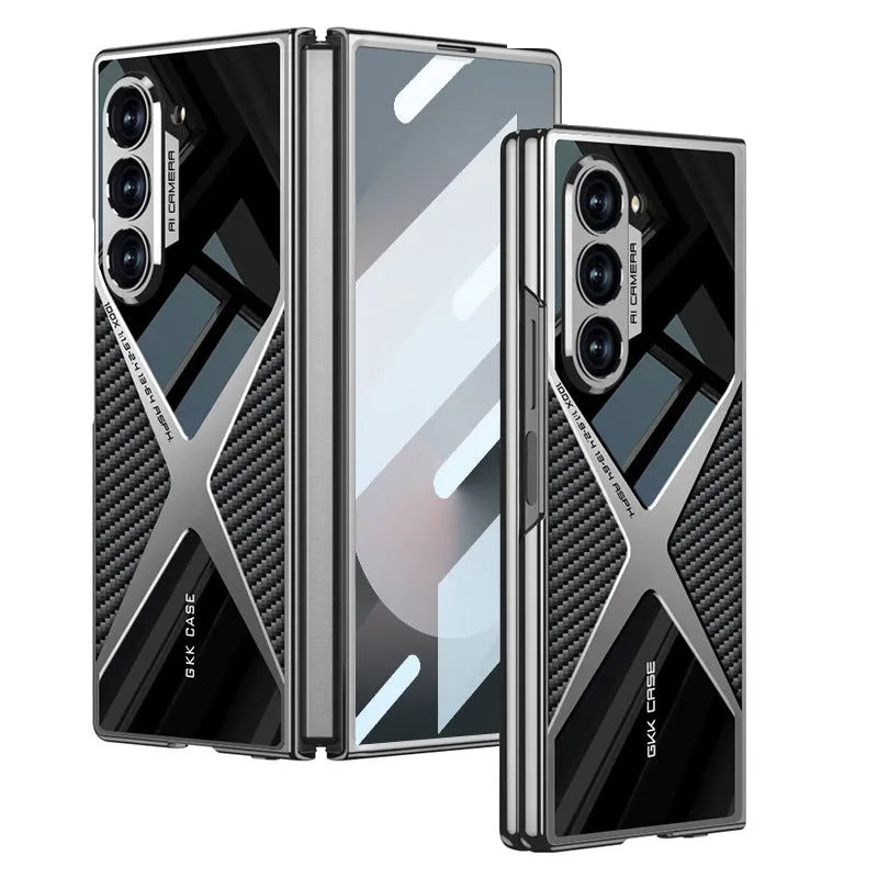 Cool Design Electroplated PU Leather Spliced Protective Shell with 9H Tempered Screen Protector for Samsung Galaxy Z Fold6/5/4/3